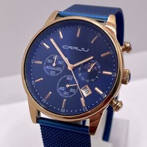 Carju Mens Chronograph Rose Gold Blue Moon Phase Watch Works New Battery